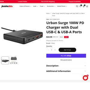 Urban Surge 100W PD Charger with Dual USB-C & USB-A Ports at $34.99 + $4.99. Shipping @Mobileskin