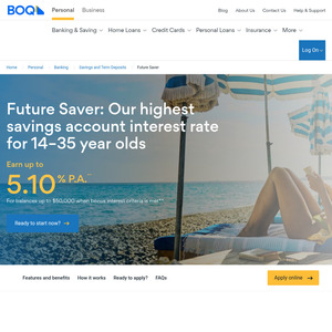 5.10% p.a. Interest on Balances up to $50,000 for 14-35 Year Olds (Criteria Apply) @ Bank of Queensland Future Savers Account