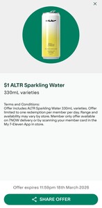 $1 ALTR Soda Water 330ml Varieties (Limit of 1 Per Day, Free Membership Req) + Del Fees ($0 In-Store) @ 7-Eleven via App
