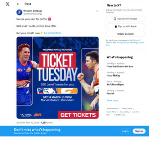 $20 Tickets to AFL Game Western Bulldogs Vs GWS Giants (14 March 1:15 pm) @ Marvel Stadium VIC
