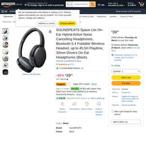 Soundpeats Space Lite (on Ear) Hybrid Active Noise Cancelling $31.99 Delivered @ Zeyuan-AU via Amazon AU