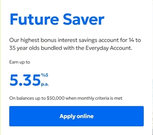 Future Saver Account 5.35% p.a. Interest on Bal up to $50,000 for 14-35 Year Olds (Criteria Apply for 18+) @ Bank of Queensland