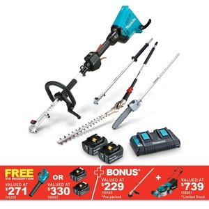 Makita Multi Head Hedger/Pole Saw with 2x 5Ah Batteries Plus Bonus Whipper Snipper, Blower and Mower $1369 Less $200 Cash Back