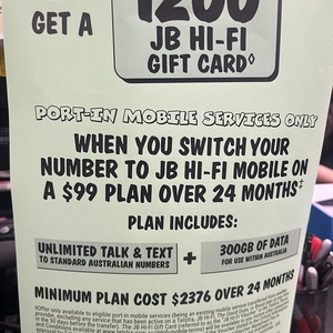 Bonus  JB Gift Card with 300GB /Month 24-Months JB Hi-Fi SIM Only Plan (in-Store, New & Port-in Customers) @ JB Hi-Fi - Deal image