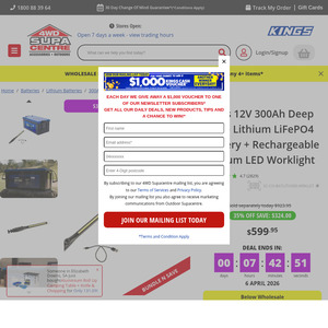 Kings 12V 300Ah Lithium LiFePO4 Battery + Rechargeable LED Worklight $599.95 + Delivery ($0 C&C) @ 4WD Supa Centre