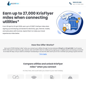 Switch & Get KrisFlyer Miles: Electricity, Gas, Internet 6,000 Each (Min. 45 Days Stay), Solar 6,000, Mobile 3,000 @ Econnex