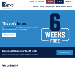 6 Weeks Free after First Direct Debit Payment, 2- and 6-Month Waiting Period Waived on Extras @ UniHealth