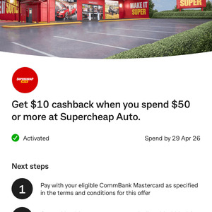 Supercheap Auto: $10 Cashback When You Spend $50 or More In-Store or Online @ CommBank Yello (Activation Required)