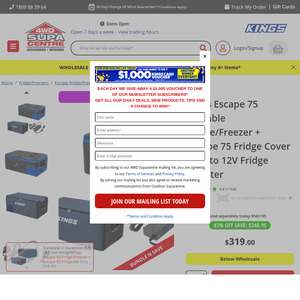 Kings Escape 75 Portable Fridge/Freezer + Escape 75 Fridge Cover + AC to 12V Fridge Adapter @ 4WD Supacentre $319 + Delivery