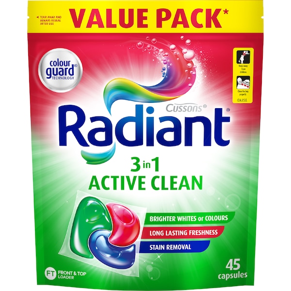 Radiant Active Clean Laundry Capsules 3-In-1 Washing Detergent 45 pack