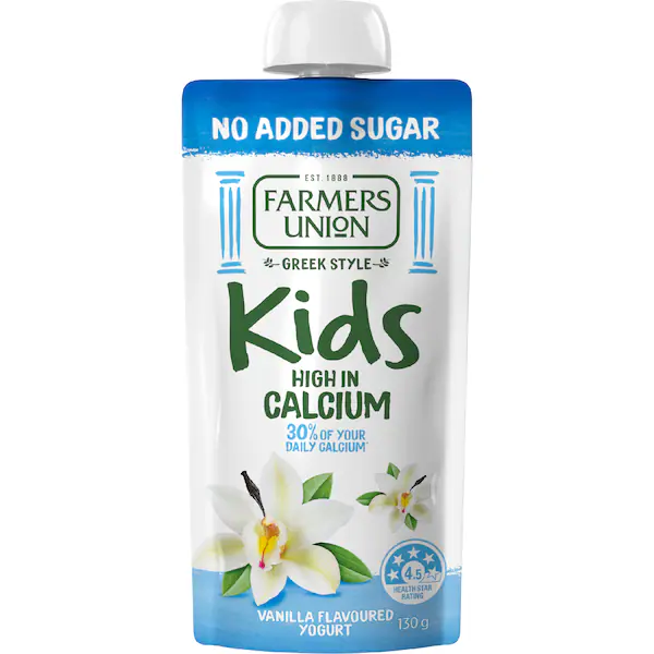 Farmers Union Greek Style Kids Yoghurt Pouch Vanilla No Added Sugar 130g