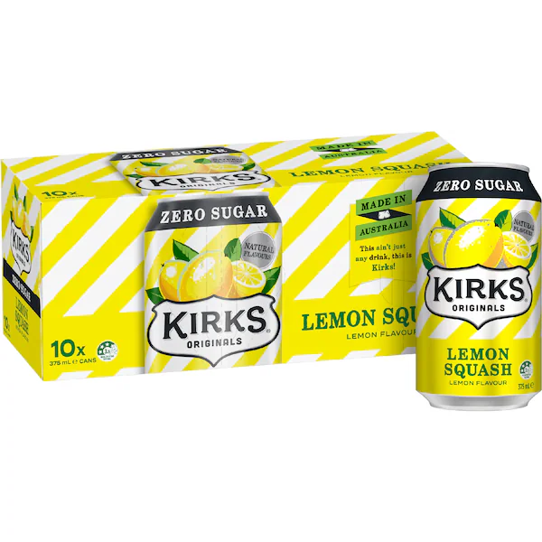 Kirks Sugar Free Lemon Squash Soft Drink Multipack Cans 375mL x 10 pack
