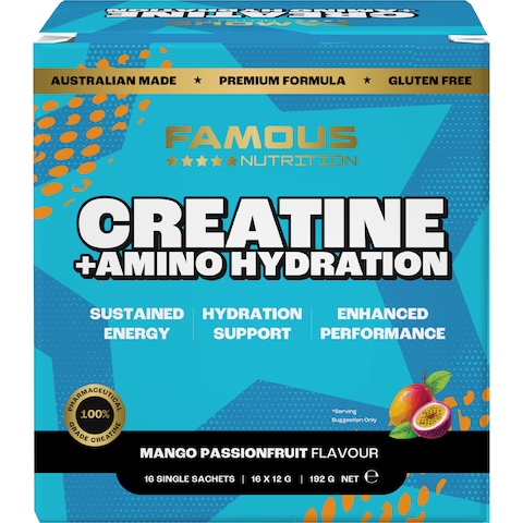 Famous Nutrition Creatine + Amino Hydration Sachets Mango Passionfruit 12g x 16 pack