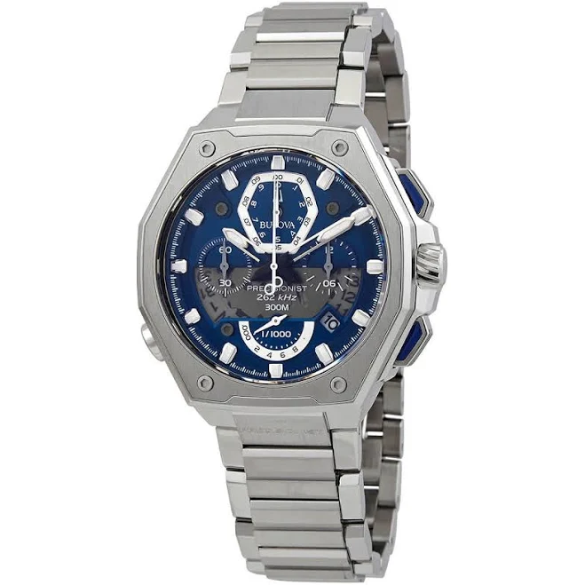 Bulova Men's Precisionist 3-Hand Calendar Stainless Steel with Black Leather Strap and Blue Dial Style: 96B257, Silver-Tone/Blue dial, Precisionist