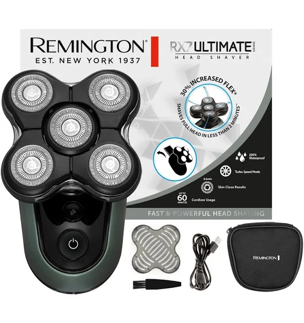 Remington RX7 Ultimate Head Shaver, HC7500AU, 5 Different Cutting Heads, Dual Track Blades for Clean and Comfortable Shave, Ergonomic Design Black 1.0 count