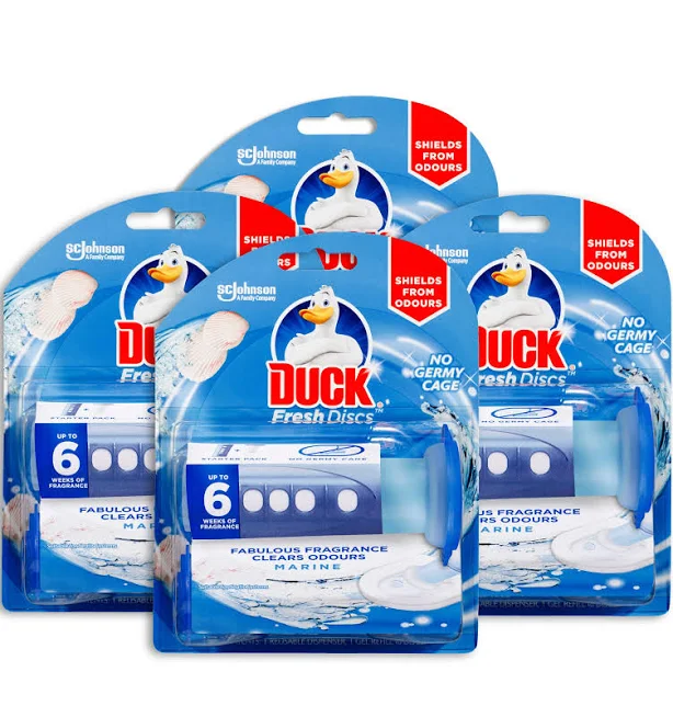 Duck Fresh Discs Toilet Bowl Cleaner, Marine Fragrance, Reusable Dispenser and 1 x Gel Refill with 6 Toilet Discs, 36mL Tube (Pack of 4)