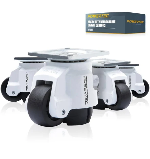 POWERTEC 17300 2-Inch Leveling Casters Set of 4 | Heavy Duty with Adjustable Ratcheting Handles | Retractable and Swivel Castors 4 PK