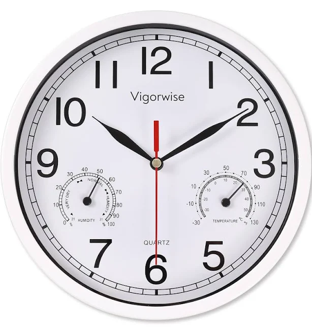 Vigorwise 8 Inch White Wall Clock, Sweep Silent Movement Accurate Clocks with Temperature & Humidity, Decorative for Kitchen/Living Room/Bedroom/Office/School/Classroom