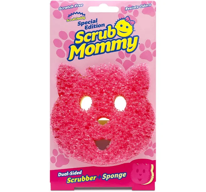 Scrub Mommy Cat Shape - Use as a Regular Scrub Mommy or as a Cleaner for Pet Areas and Messes - One Side for Scrubbing, The Other for Mopping Up