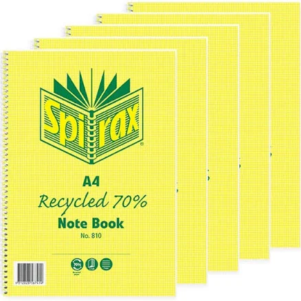 Spirax 810 Notebook 7mm Ruled 70% Recycled Spiral Bound 120 Page (A4) [Pack 5]
