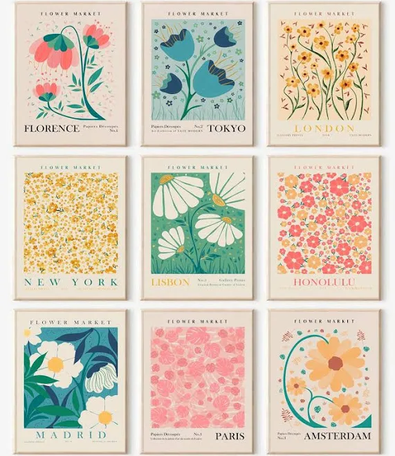 Flower Market Poster Set of 6, Abstract Flower Market Wall Art Prints, Vintage Colorful Floral Wall Art Decor, Boho Room Decor(8x10inch, Unframed)