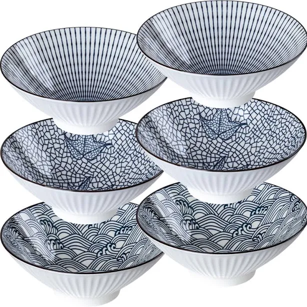 QINLANG 38 oz Japanese Ramen Bowls, Cereal Bowls, Soup Bowls, Pho Bowls, Noodle Bowls, Blue and White Ceramic Bowls Set of 4, 8 inches