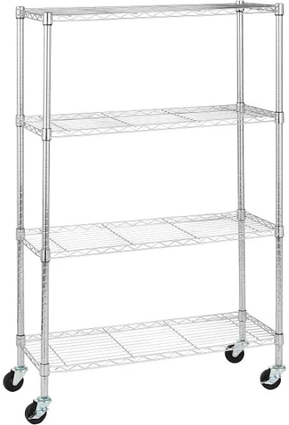 Amazon Basics 4-Shelf Adjustable, Heavy Duty Storage Shelving Unit on 10cm Wheel Casters, Metal Organizer Wire Rack, Chrome (91L x 36W x 147H) cm