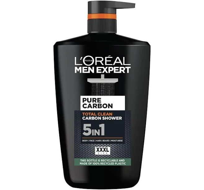 L’Oréal Paris Men Expert Pure Carbon, 5 in 1 Shower Gel, For Face, Body, & Hair, 1L (Pack of 2)