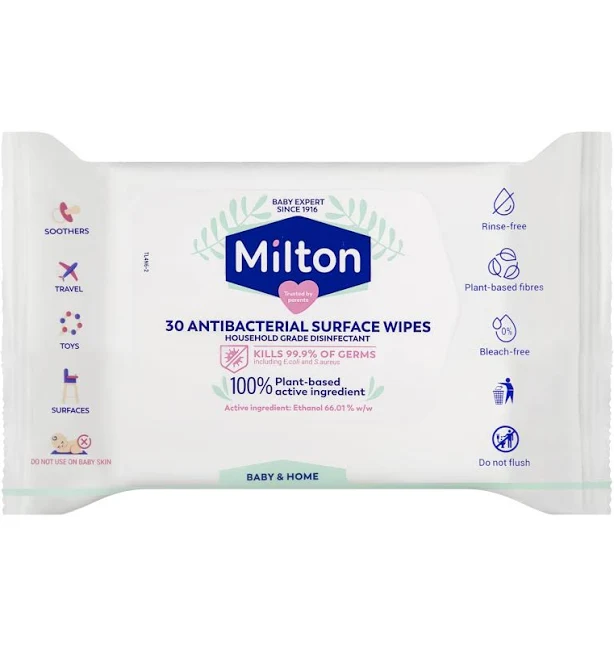 Milton Antibacterial Surface Wipes | Household Grade Disinfectant | Kills 99.9% of Germs | 100% Plant-Based Acitve ingredient | Rinse Free | Safe around Baby | 30pk (Pack of 3)