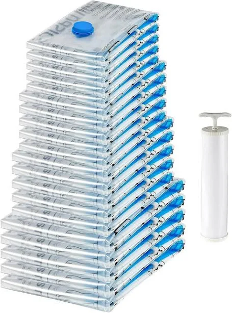 Amazon Basics Vacuum Compression Storage Bags with Hand Pump, 20 Pack (5 Small, 5 Medium, 5 Large & 5 Jumbo), Multiple Size, Clear