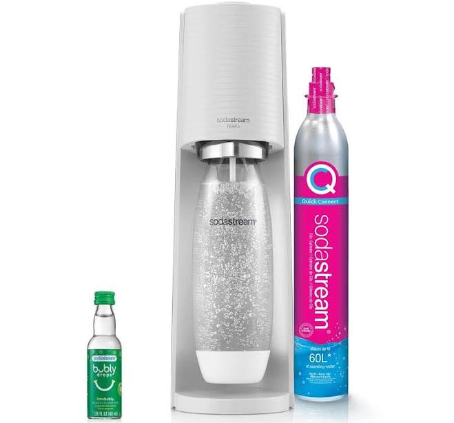 Sodastream - TERRA White Sparkling Water Maker and lime bubly drop, Turn sparkling water into your favourite drinks, Quick Connect CO2, Eco-Friendly Reusable Bottle, Stylish Kitchen Appliance