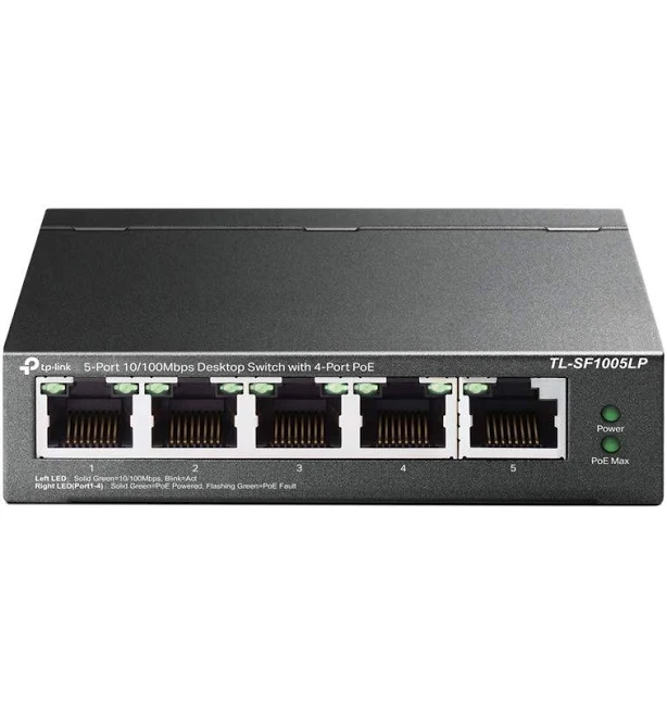 TP-Link 5-Port 10/100Mbps Desktop Ethernet Switch with 4-Port PoE, 41 W PoE Budget, PoE Auto Recovery, Plug & Play, Metal Casing, Fanless Design, Ideal for IP Surveillance Network Security (LS105LP)