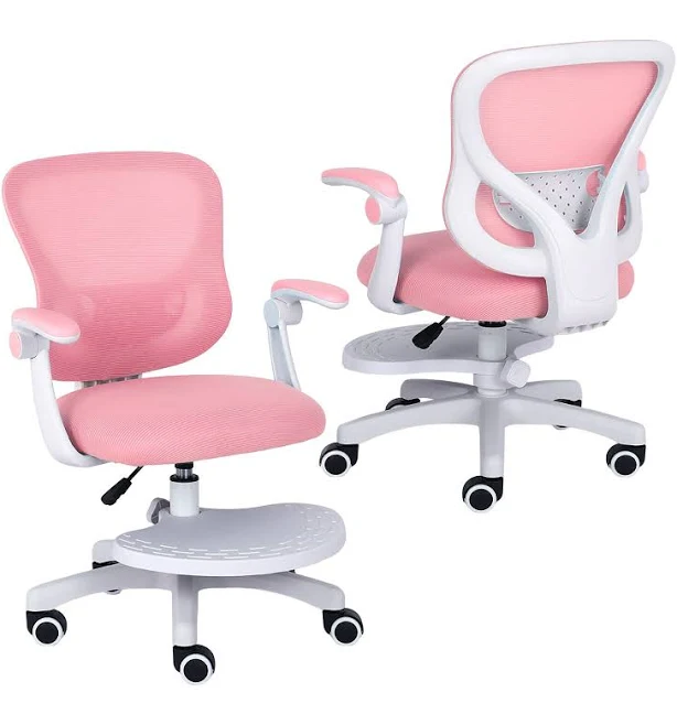 La Bella CILO Kids Desk Chair - Pink Study Chair for Children with Adjustable Height, Footrest & Lift-Up Armrests, Breathable Mesh Seat