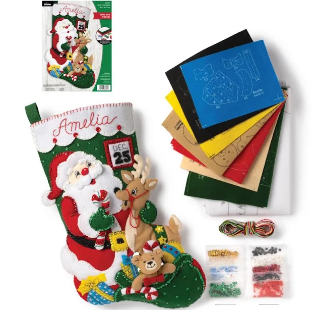 Bucilla, Santa and Friends Christmas 18" Felt Applique Stocking Making Kit, Perfect for DIY Holiday Needlepoint Arts and Crafts, 89330E