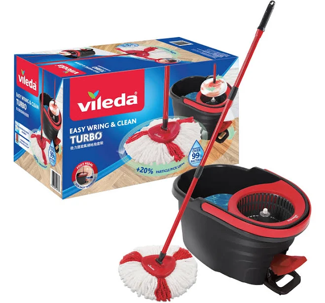 Vileda Easy Wring & Clean Turbo Rotating Mop & Bucket Set with Foot Pedal | Twist Floor mop with Spinning Wringer | 2in1 Microfibre Mop Head