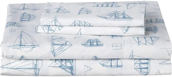 Nautica - Queen Sheet Set, Cotton Percale Bedding Set, Crisp & Cool, Lightweight & Breathable (Whitewood Sail Blue, 4 Pieces, Queen)